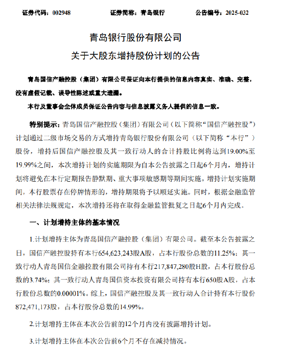安信策略 青岛银行：大股东国信产融控股计划增持 增持后持股比例将达19.00%至19.99%之间